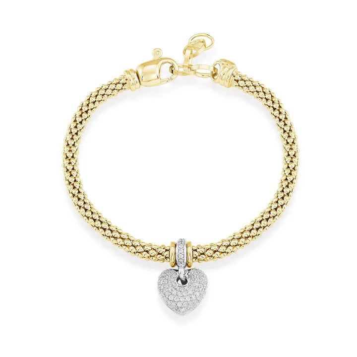 Mesh Bracelet With Puffed Pave Heart in Yellow & White 07-083273-02