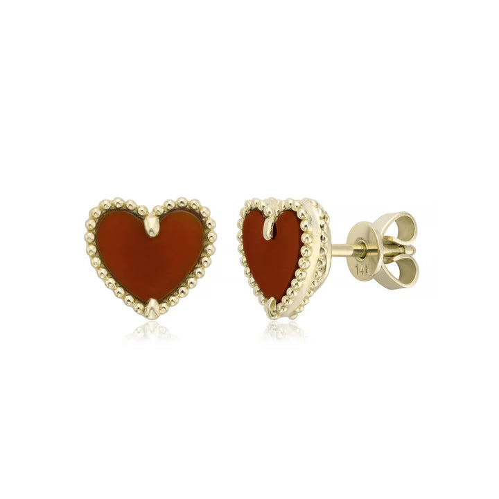 Beaded Heart Red Chalcedony Stud Earrings in Yellow 13-016218-02RDCH