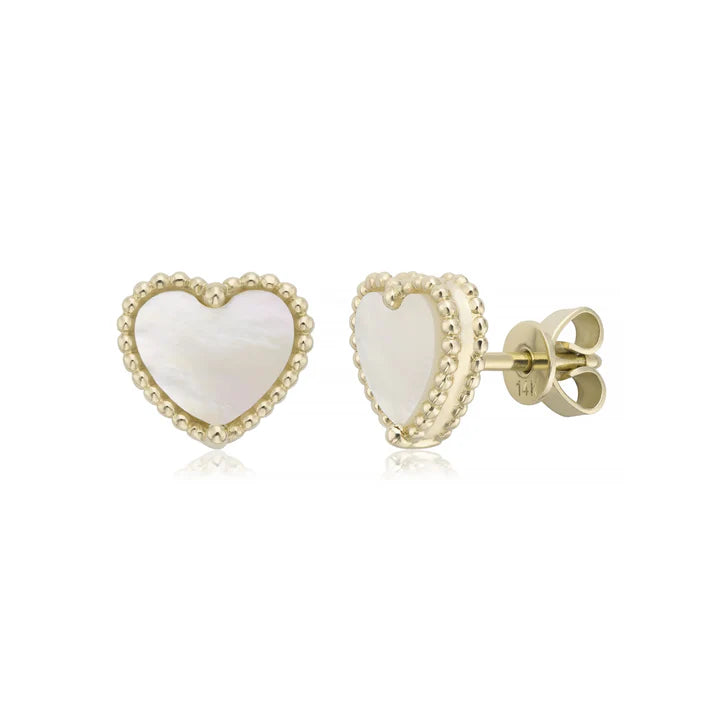 Beaded Heart Mother of Pearl Stud Earrings in Yellow 13-016218-02MOP