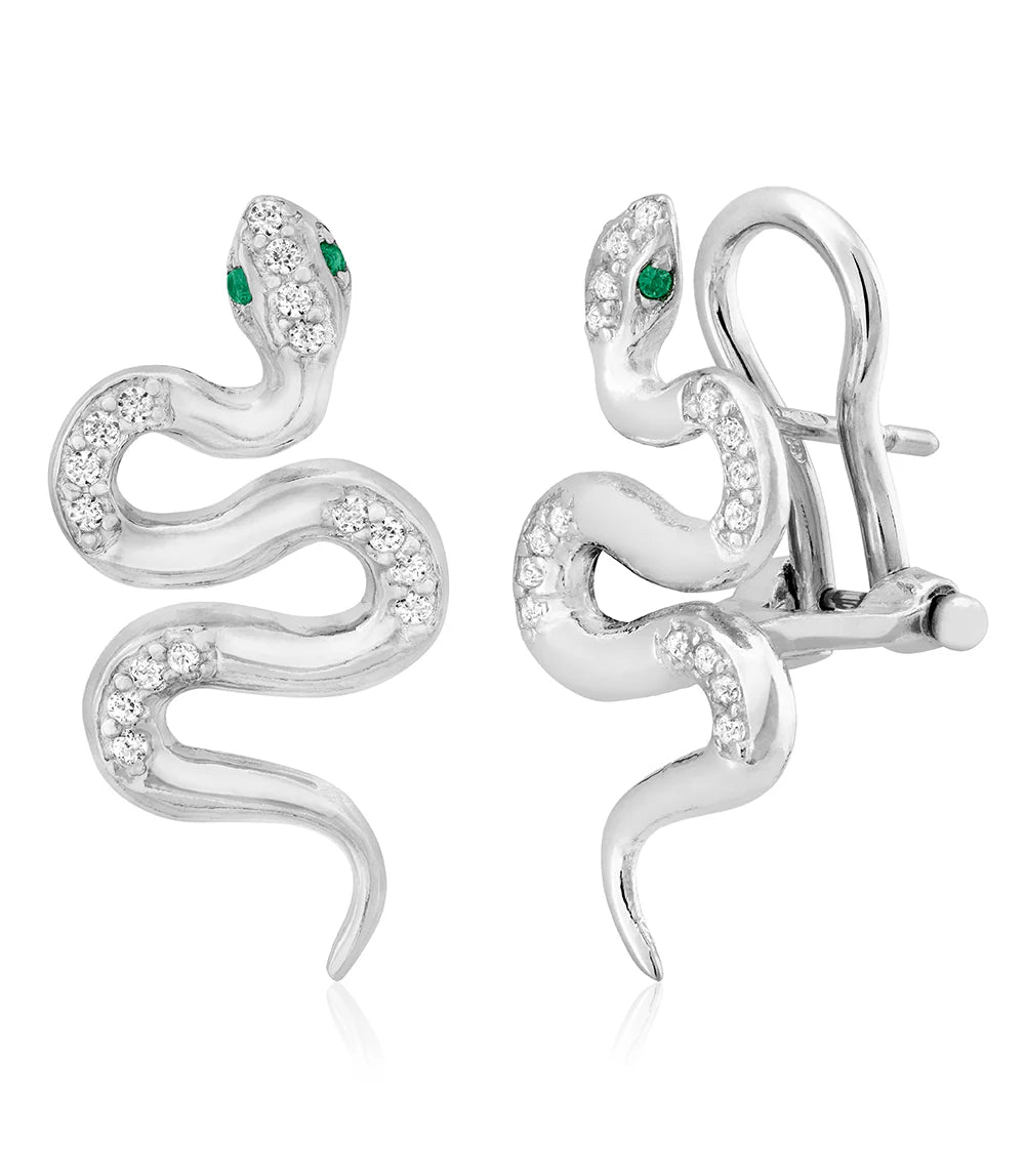 Serpentine Earrings in White with Green Eyes 13-083274-01GN