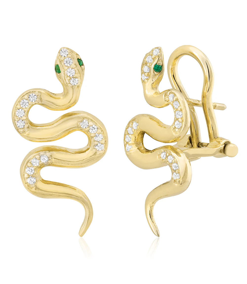 Serpentine Simple Earrings in Yellow with Green Eyes 13-083274-02GN