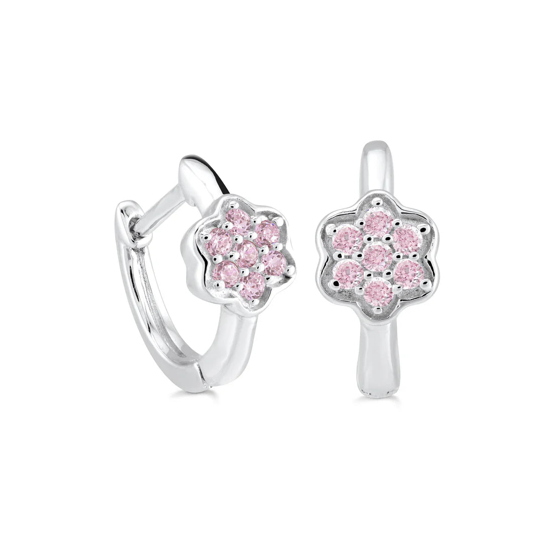 Flower Mini Hoop in White, Pink Stones 13-142650-01PK