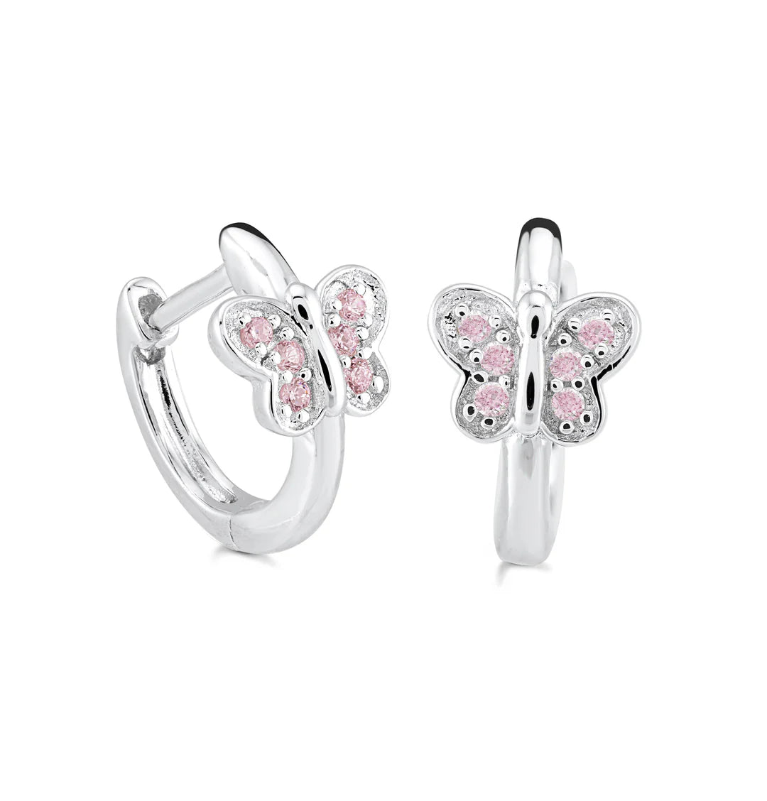 Little Miss Mimi Butterfly Mini Hoop in White with Pink Stones 13-142651-01PK