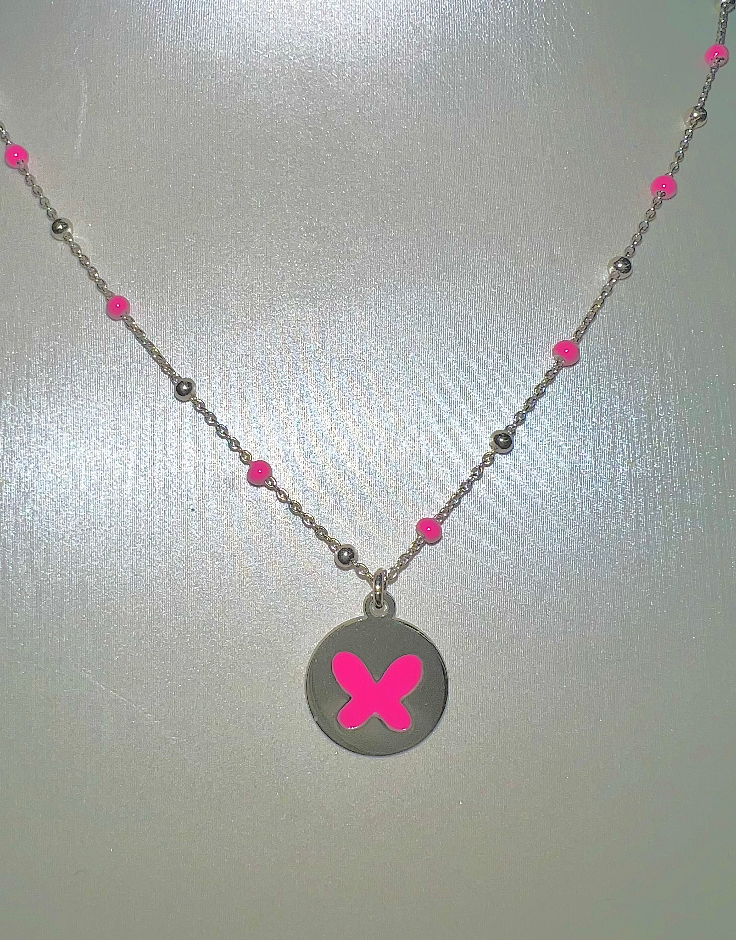 STERLING SILVER BUTTERFLY PINK BEADED ENAMEL NECKLACE 04-156607-01