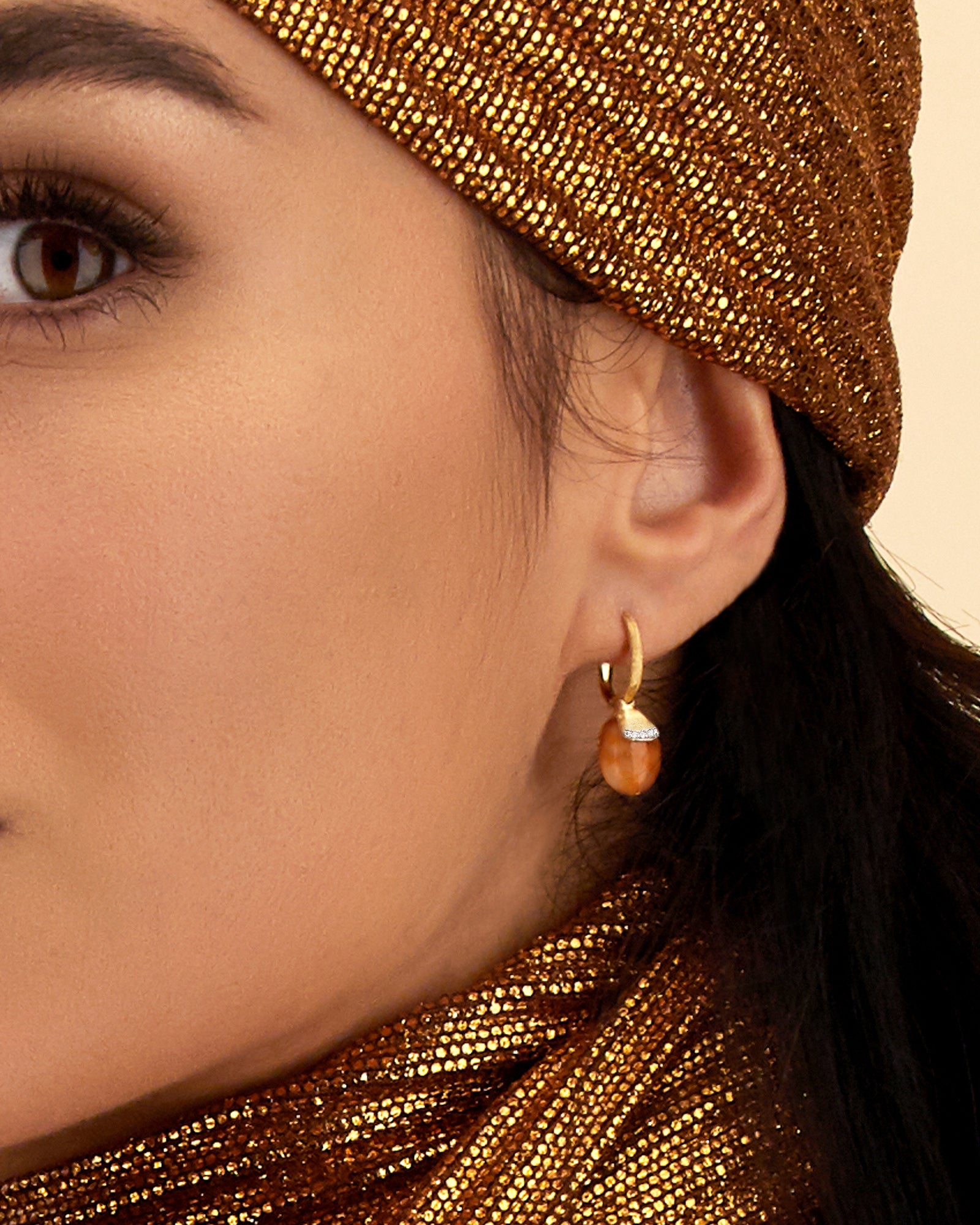 Nanis PETRA "AMULETS" CILIEGINE GOLD AND ORANGE AVENTURINE BALL DROP EARRINGS WITH DIAMONDS DETAILS (SMALL) OS11-603