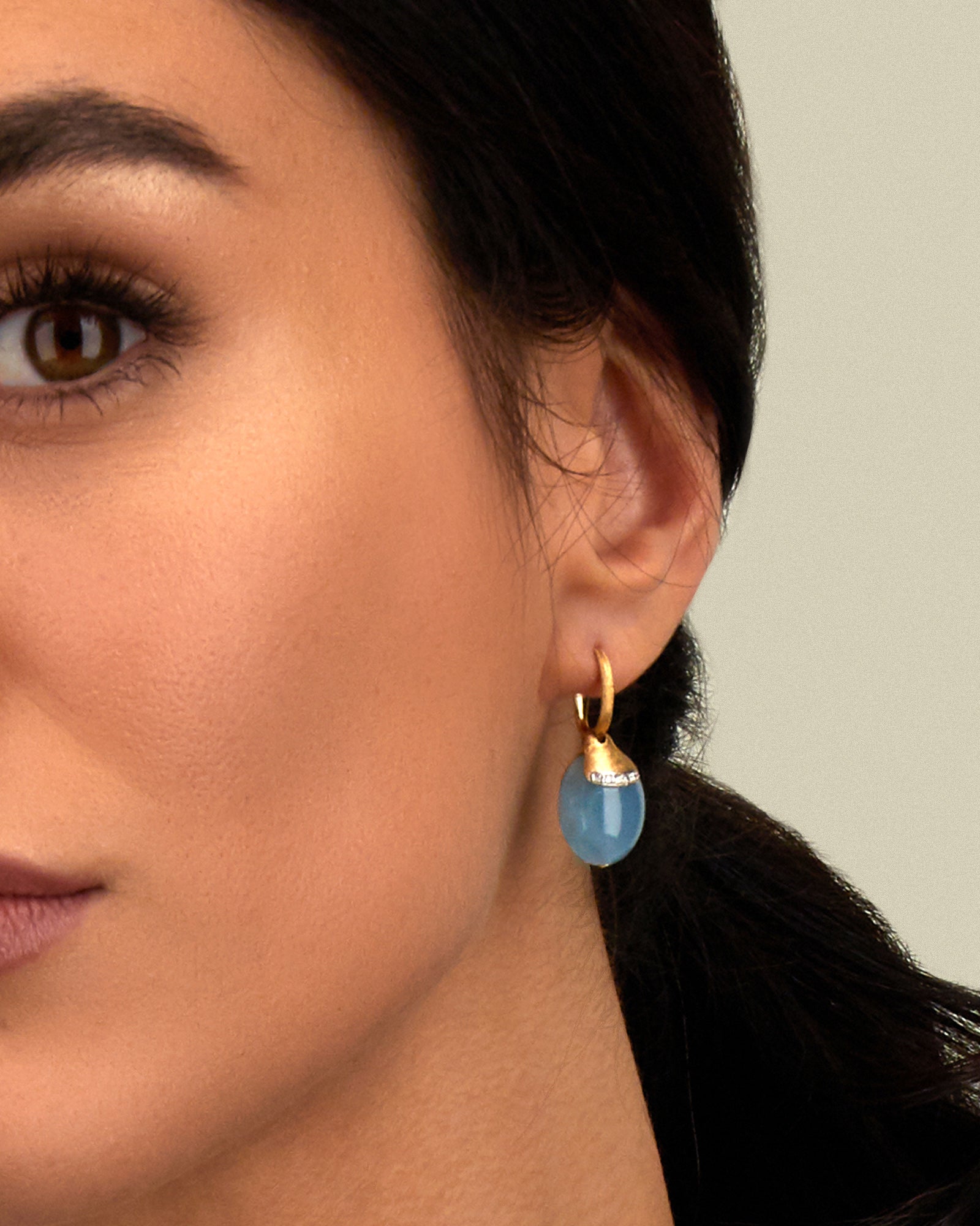 Nanis AZURE "AMULETS" CILIEGINE GOLD AND MILKY AQUAMARINE BALL DROP EARRINGS WITH DIAMONDS DETAILS (LARGE) OS16-587