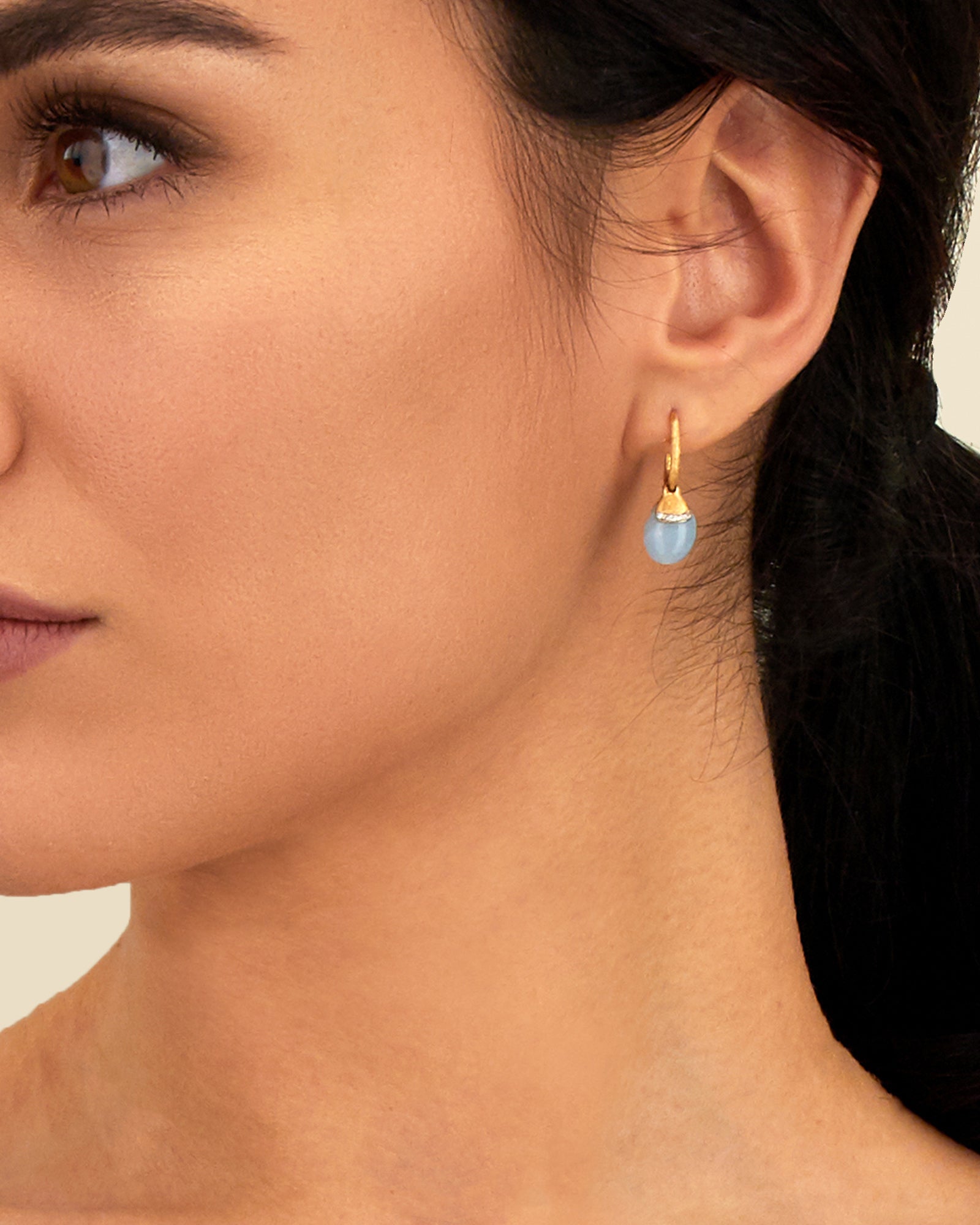 Nanis AZURE "AMULETS" CILIEGINE GOLD AND MILKY AQUAMARINE BALL DROP EARRINGS WITH DIAMONDS DETAILS (SMALL) OS19-587