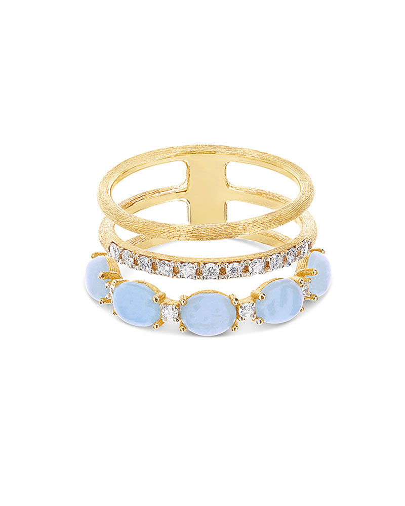 "AZURE" GOLD, DIAMONDS AND AQUAMARINE TRIPLE-BAND RING AS4-597