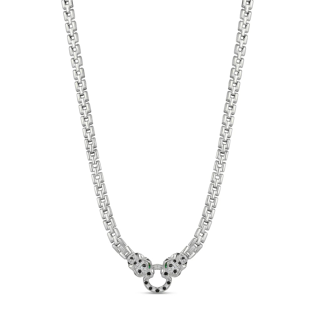 SMALL CUBE LINK RADIANT PANTHERE NECKLACE IN WHITE WITH GREEN EYES 04-086542-01GN