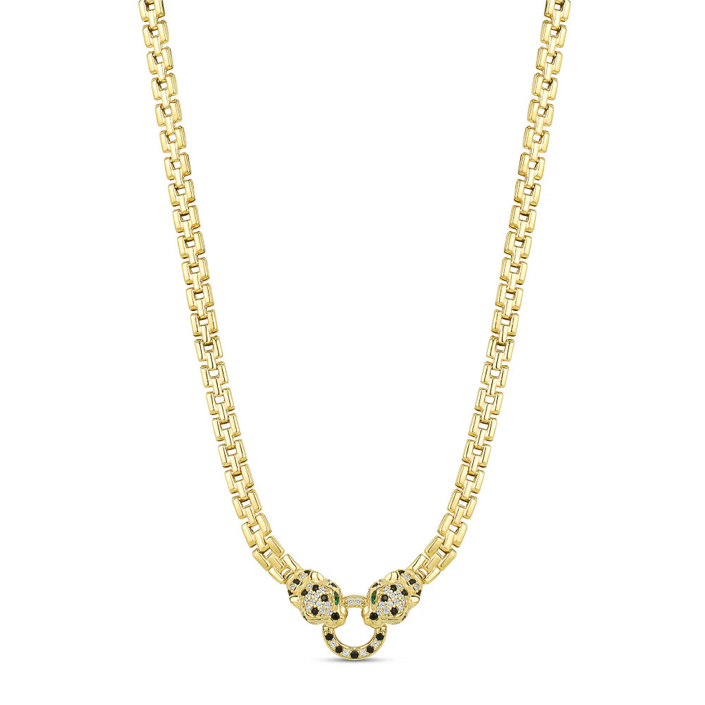 SMALL CUBE LINK RADIANT PANTHERE NECKLACE IN YELLOW WITH GREEN EYES 04-086542-02GN