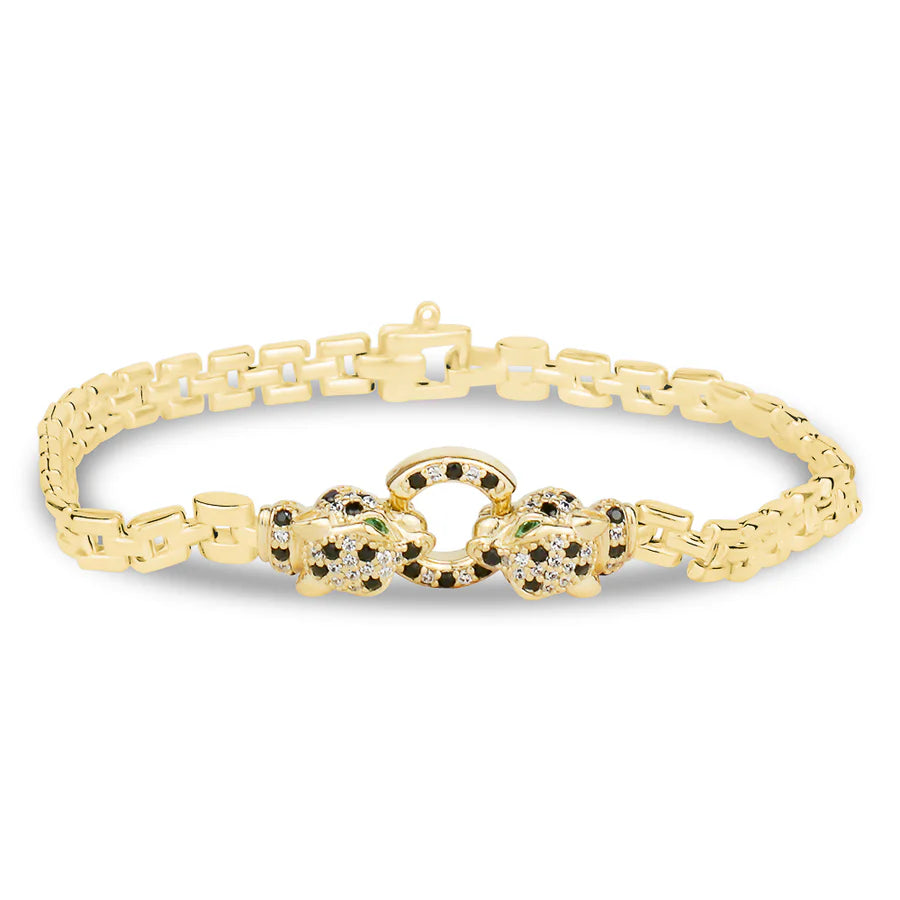 SMALL CUBE LINK RADIANT PANTHERE BRACELET IN YELLOW WITH GREEN EYES 07-086542-02GN