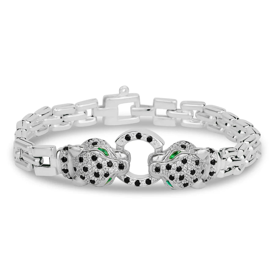 CUBE LINK RADIANT PANTHERE BRACELET IN WHITE WITH GREEN EYES 07-086546-01GN
