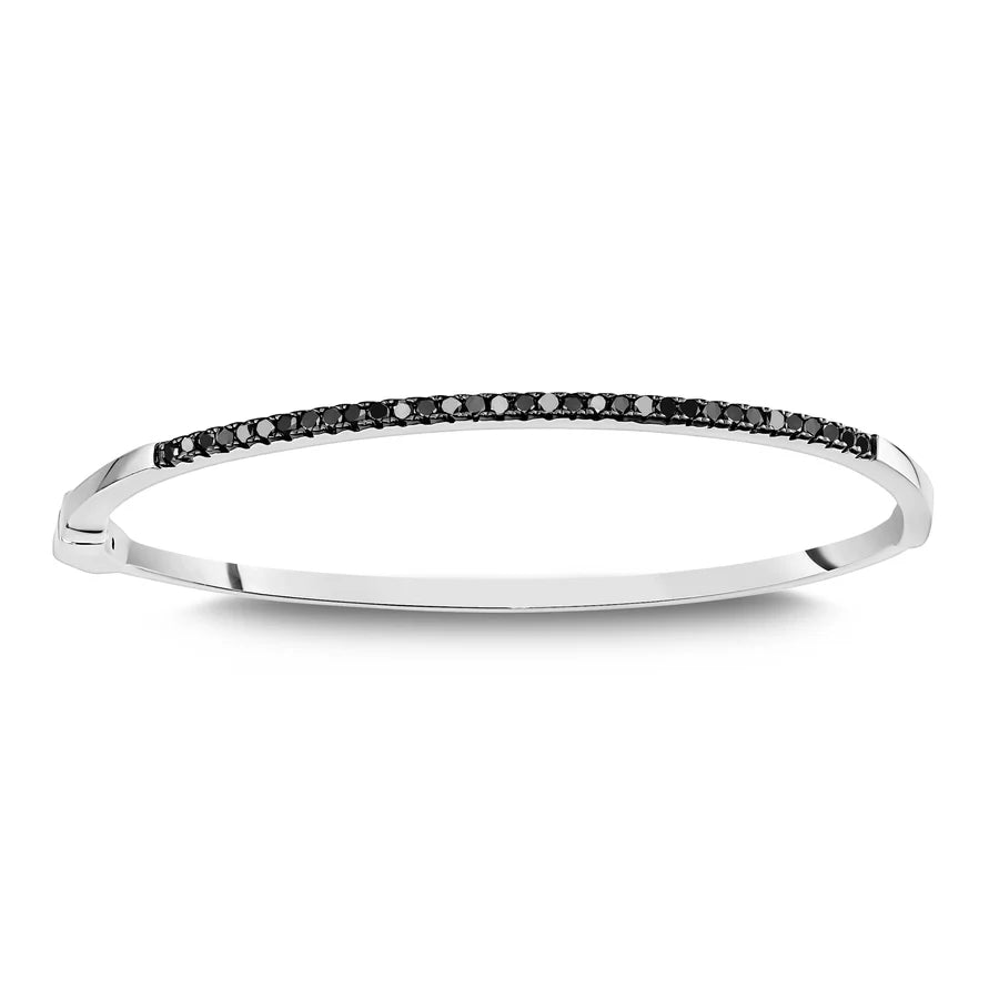 Half Pave Bangle in White with Black Stones 07-142801-01BK-S