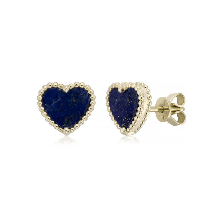 Beaded Heart Lapis Stud Earrings in Yellow 13-016218-02LP