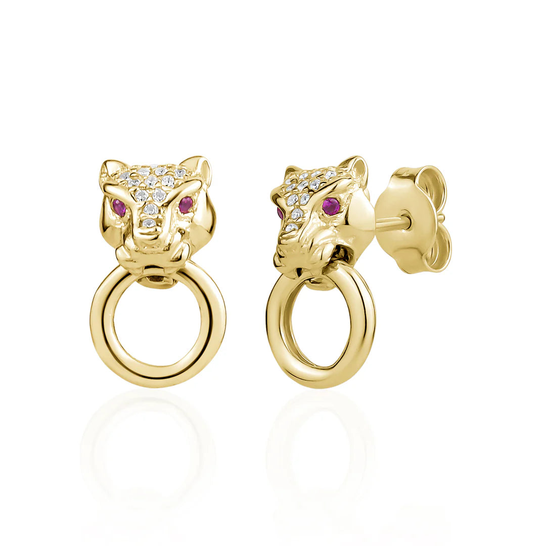 Classic Lionesse Stud Earrings in Yellow with Red Eyes 13-083271-02RD
