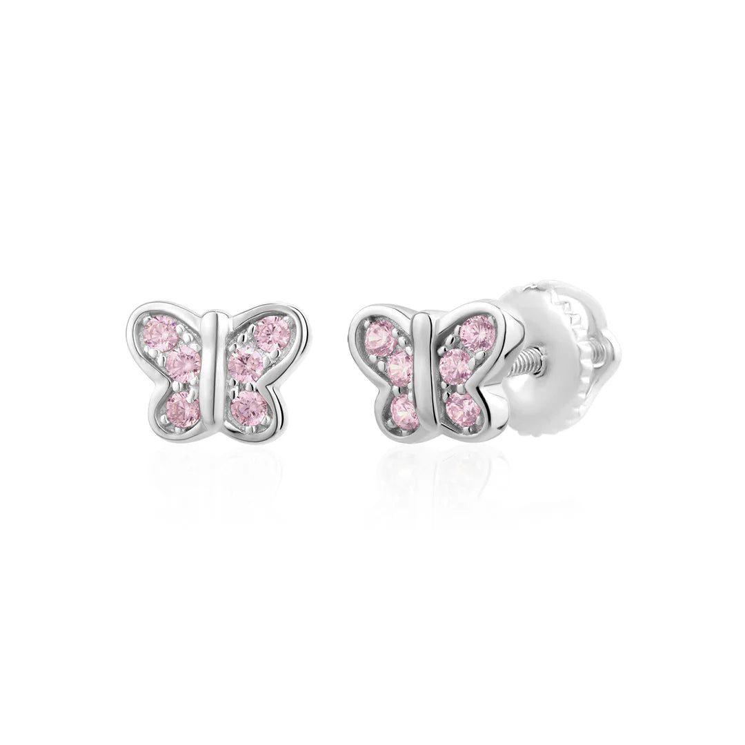 Little Miss Mimi Butterfly Stud Earrings in White with Pink Stones 13-142819-01PK