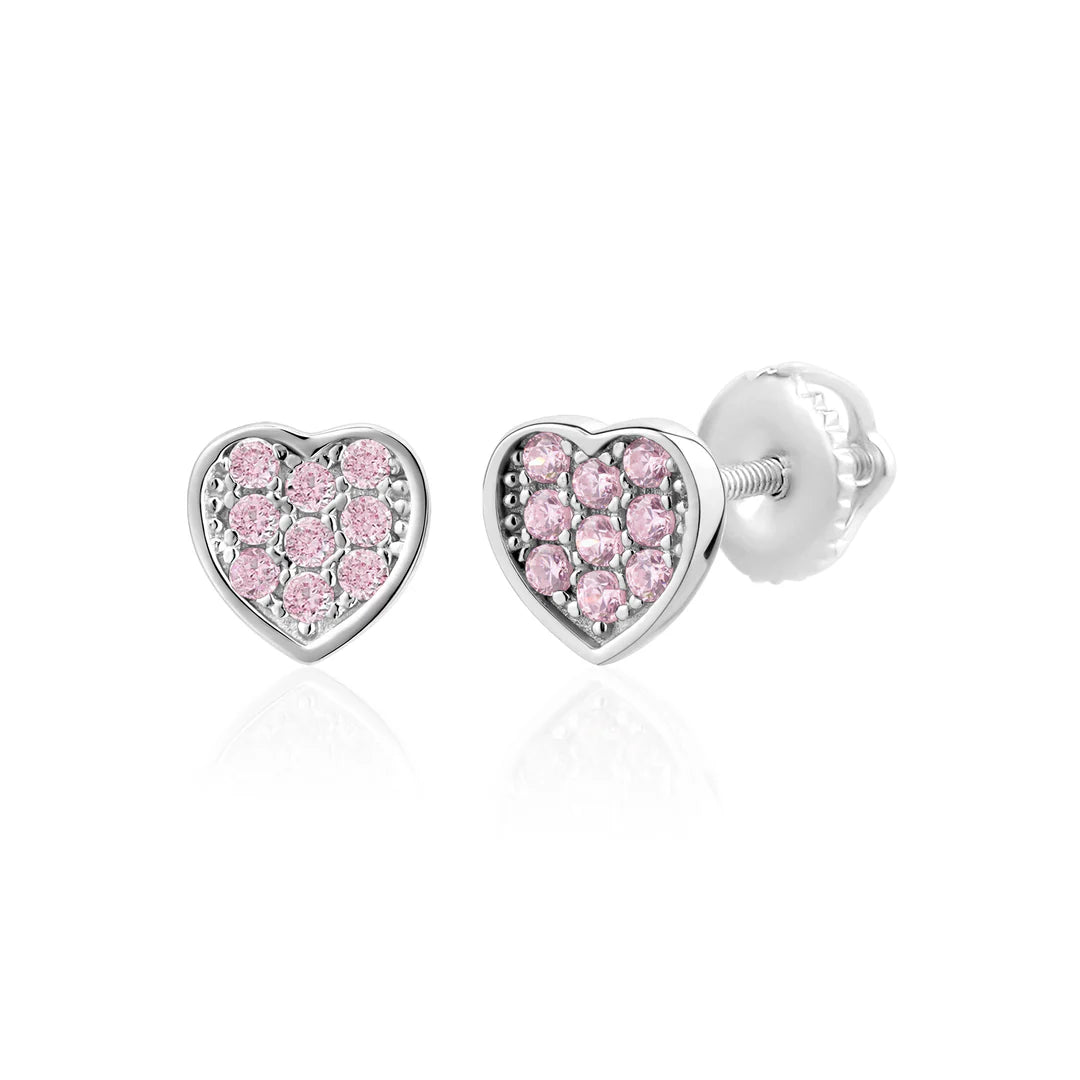 Little Miss Mimi Heart Studs in White with Pink Stones 13-142820-01PK