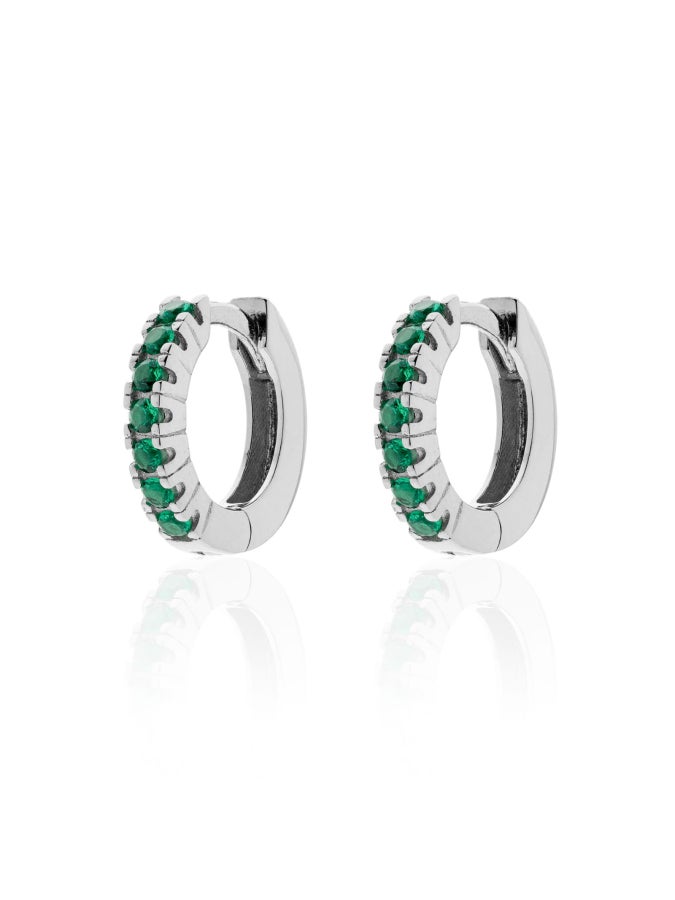 Rhodium-plated silver mini-hoops green cubic zirconia 520794