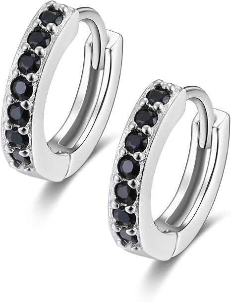 Rhodium-plated silver mini-hoops black cubic zirconia 520793